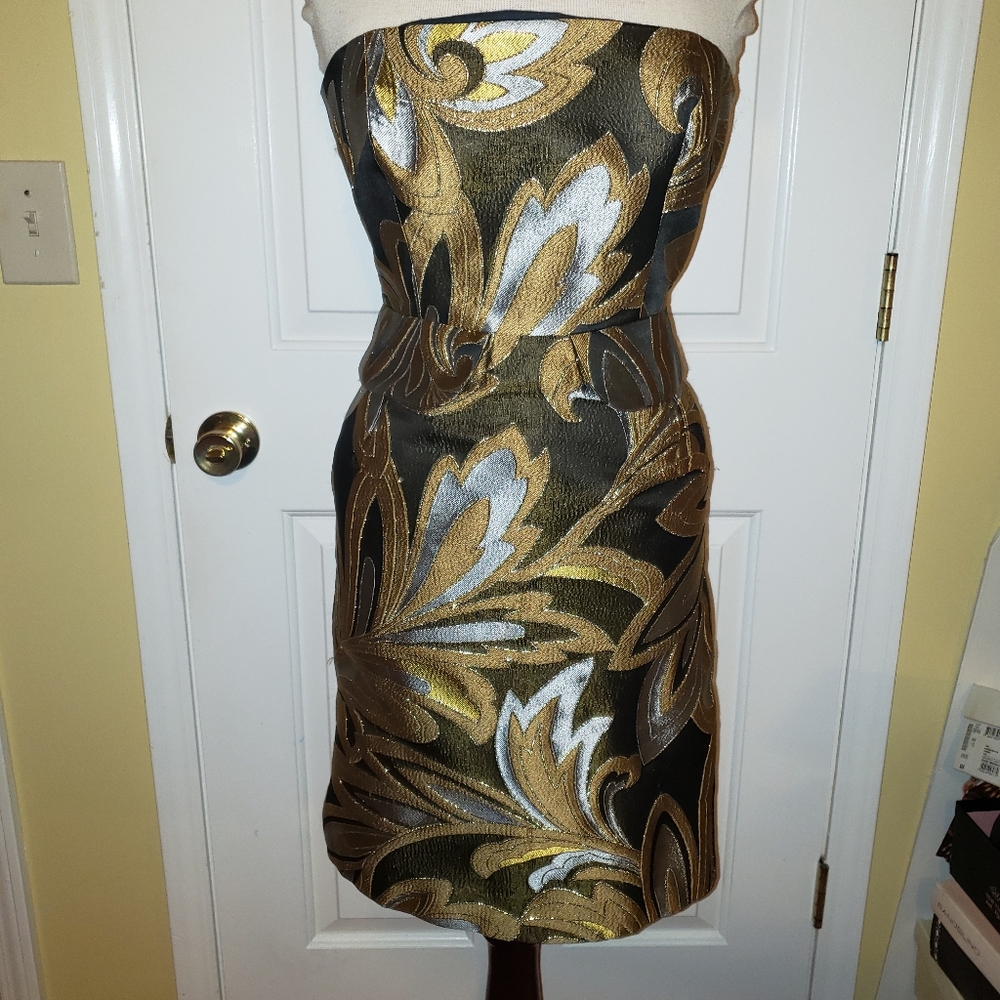 Blk brocade/gold/ silver strapless cocktail dress